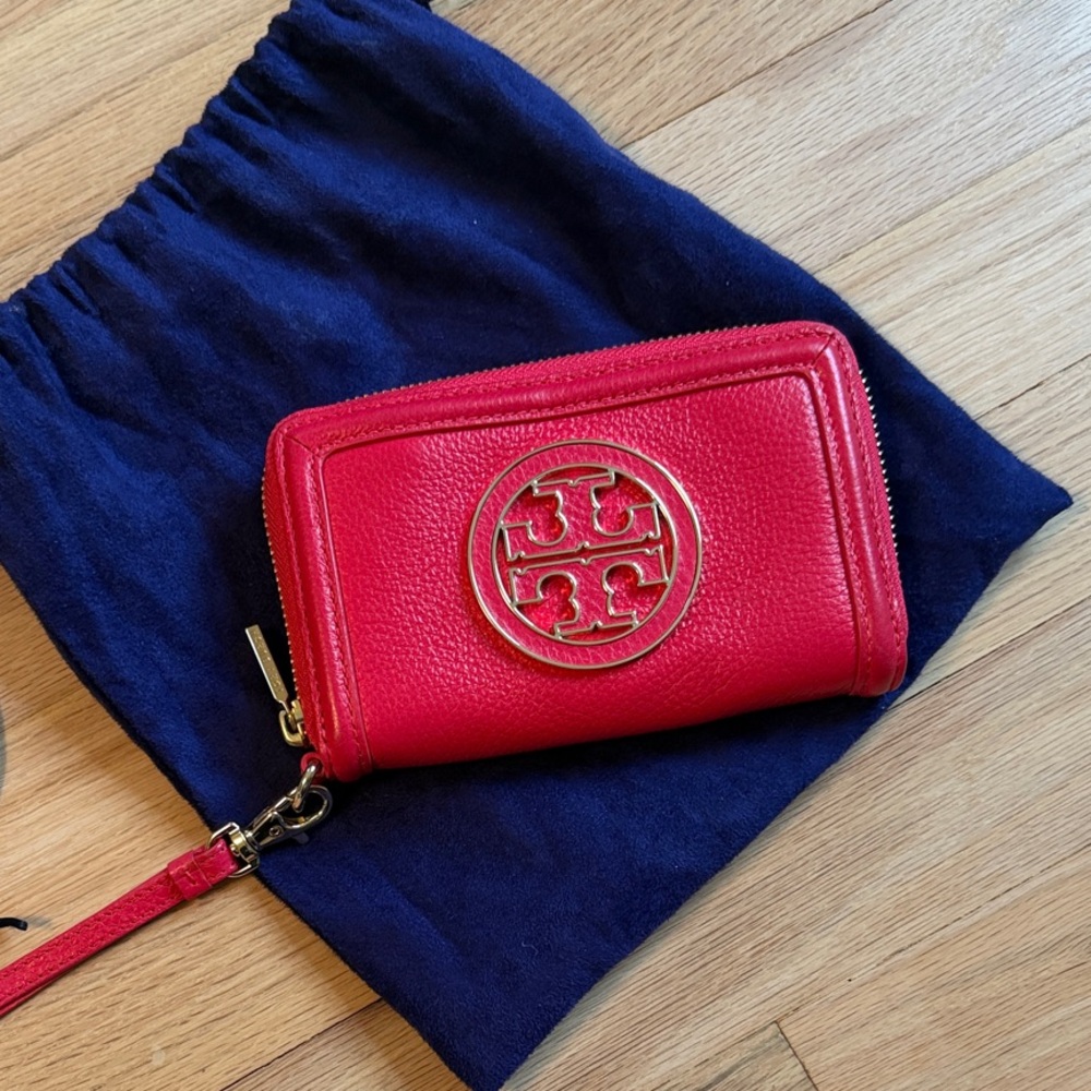 Tory Burch Pink Pebbled Leather Wristlet with Gold Logo